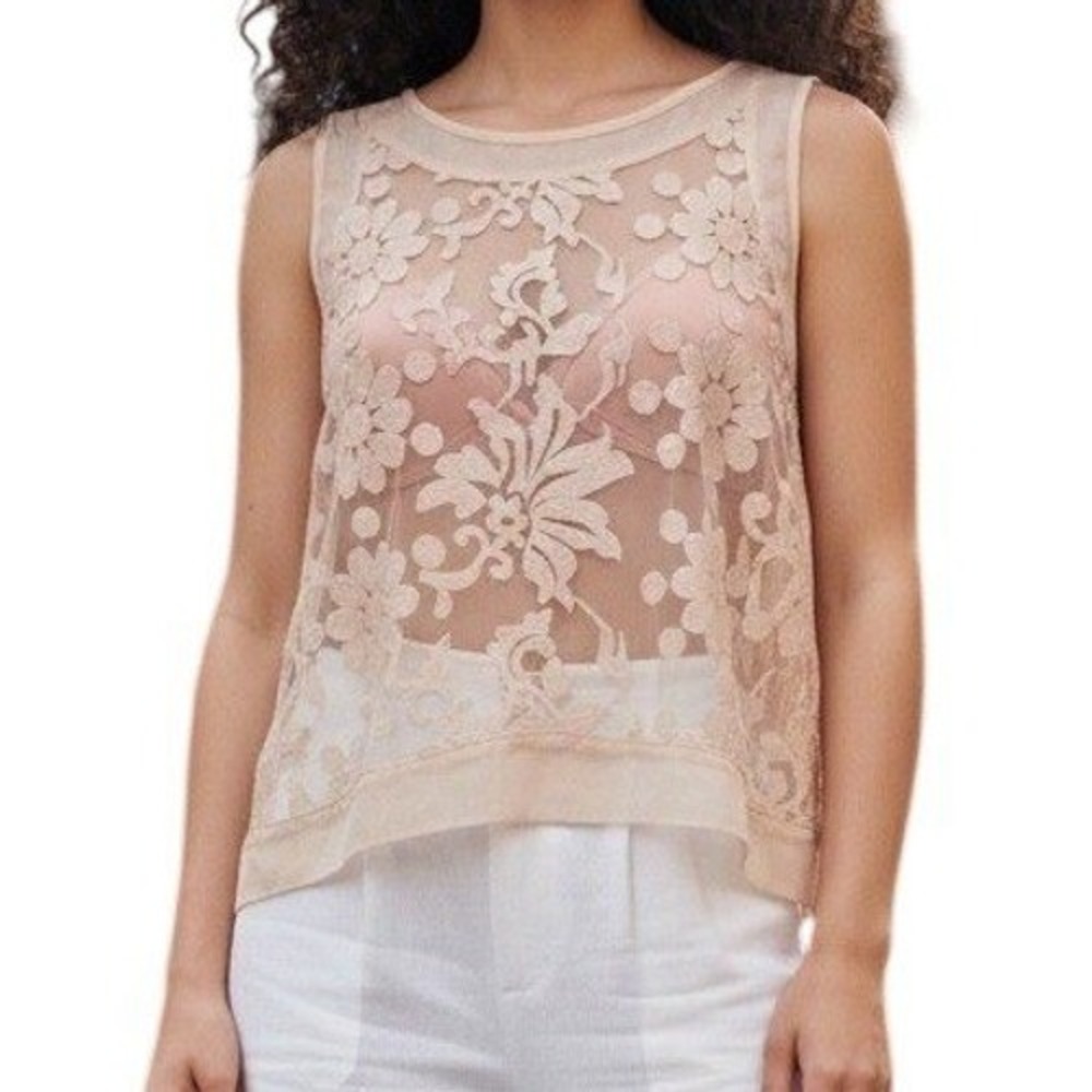 ASTR Light Peach Embroidered Floral Lace Sheer Top EUC Size Small